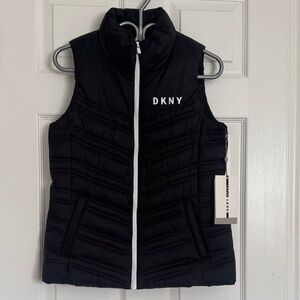 DKNY Black Quilted Puffer Vest with White Zipper Trim